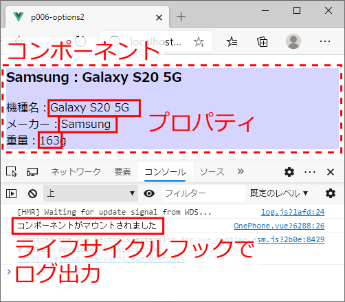 図2 プロパティとライフサイクルフックのサンプル(p006-options2、p007-composition2)