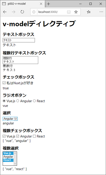 図2：v-modelディレクティブのサンプル（p002-v-model）
