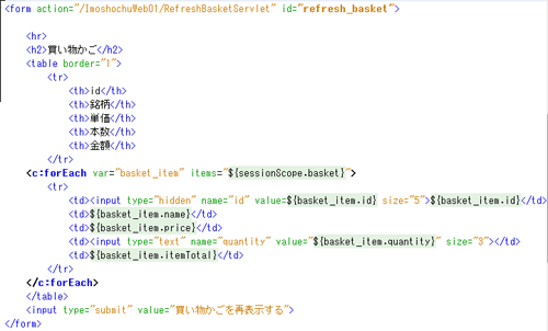 図1.ImoshochuShop.jspのrefresh_basketをidとして持つformタグの内容