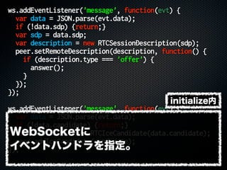 ws.addEventListener('message', function(evt) {
var data = JSON.parse(evt.data);
if (!data.sdp) {return;}
var sdp = data.sdp;
var description = new RTCSessionDescription(sdp);
peer.setRemoteDescription(description, function() {
if (description.type === 'offer') {
answer();
}
});
});
ws.addEventListener('message', function(evt) {
var data = JSON.parse(evt.data);
if (!data.candidate) {return;}
var candidate = new RTCIceCandidate(data.candidate);
peer.addIceCandidate(candidate);
});
WebSocketに
イベントハンドラを指定。
initialize内
 