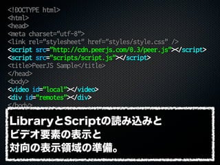 <!DOCTYPE html>
<html>
<head>
<meta charset="utf-8">
<link rel="stylesheet" href="styles/style.css" />
<script src="http://cdn.peerjs.com/0.3/peer.js"></script>
<script src="scripts/script.js"></script>
<title>PeerJS Sample</title>
</head>
<body>
<video id="local"></video>
<div id="remotes"></div>
</body>
</html>
LibraryとScriptの読み込みと
ビデオ要素の表示と
対向の表示領域の準備。
 