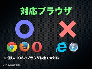 対応ブラウザ
※ 但し、iOSのブラウザは全て未対応
(2014/07現在)
 