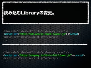 ...
<link rel="stylesheet" href="styles/style.css" />
<script src="http://cdn.peerjs.com/0.3/peer.js"></script>
<script src="scripts/script.js"></script>
...
...
<link rel="stylesheet" href="styles/style.css" />
<script src="https://skyway.io/dist/v2/0.3/peer.js"></script>
<script src="scripts/script.js"></script>
...
読み込むLibraryの変更。
 