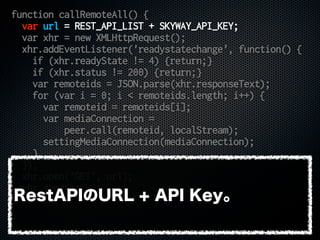 function callRemoteAll() {
var url = REST_API_LIST + SKYWAY_API_KEY;
var xhr = new XMLHttpRequest();
xhr.addEventListener('readystatechange', function() {
if (xhr.readyState != 4) {return;}
if (xhr.status != 200) {return;}
var remoteids = JSON.parse(xhr.responseText);
for (var i = 0; i < remoteids.length; i++) {
var remoteid = remoteids[i];
var mediaConnection =
peer.call(remoteid, localStream);
settingMediaConnection(mediaConnection);
}
});
xhr.open('GET', url);
xhr.send();
}RestAPIのURL + API Key。
 