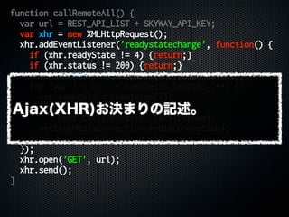 function callRemoteAll() {
var url = REST_API_LIST + SKYWAY_API_KEY;
var xhr = new XMLHttpRequest();
xhr.addEventListener('readystatechange', function() {
if (xhr.readyState != 4) {return;}
if (xhr.status != 200) {return;}
var remoteids = JSON.parse(xhr.responseText);
for (var i = 0; i < remoteids.length; i++) {
var remoteid = remoteids[i];
var mediaConnection =
peer.call(remoteid, localStream);
settingMediaConnection(mediaConnection);
}
});
xhr.open('GET', url);
xhr.send();
}
Ajax(XHR)お決まりの記述。
 