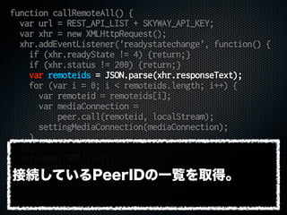 function callRemoteAll() {
var url = REST_API_LIST + SKYWAY_API_KEY;
var xhr = new XMLHttpRequest();
xhr.addEventListener('readystatechange', function() {
if (xhr.readyState != 4) {return;}
if (xhr.status != 200) {return;}
var remoteids = JSON.parse(xhr.responseText);
for (var i = 0; i < remoteids.length; i++) {
var remoteid = remoteids[i];
var mediaConnection =
peer.call(remoteid, localStream);
settingMediaConnection(mediaConnection);
}
});
xhr.open('GET', url);
xhr.send();
}接続しているPeerIDの一覧を取得。
 