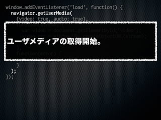 window.addEventListener('load', function() {
navigator.getUserMedia(
{video: true, audio: true},
function(stream) {
var video = document.getElementById('video');
video.src = window.URL.createObjectURL(stream);
video.play();
},
function(error) {
console.error(error);
}
);
});
ユーザメディアの取得開始。
 